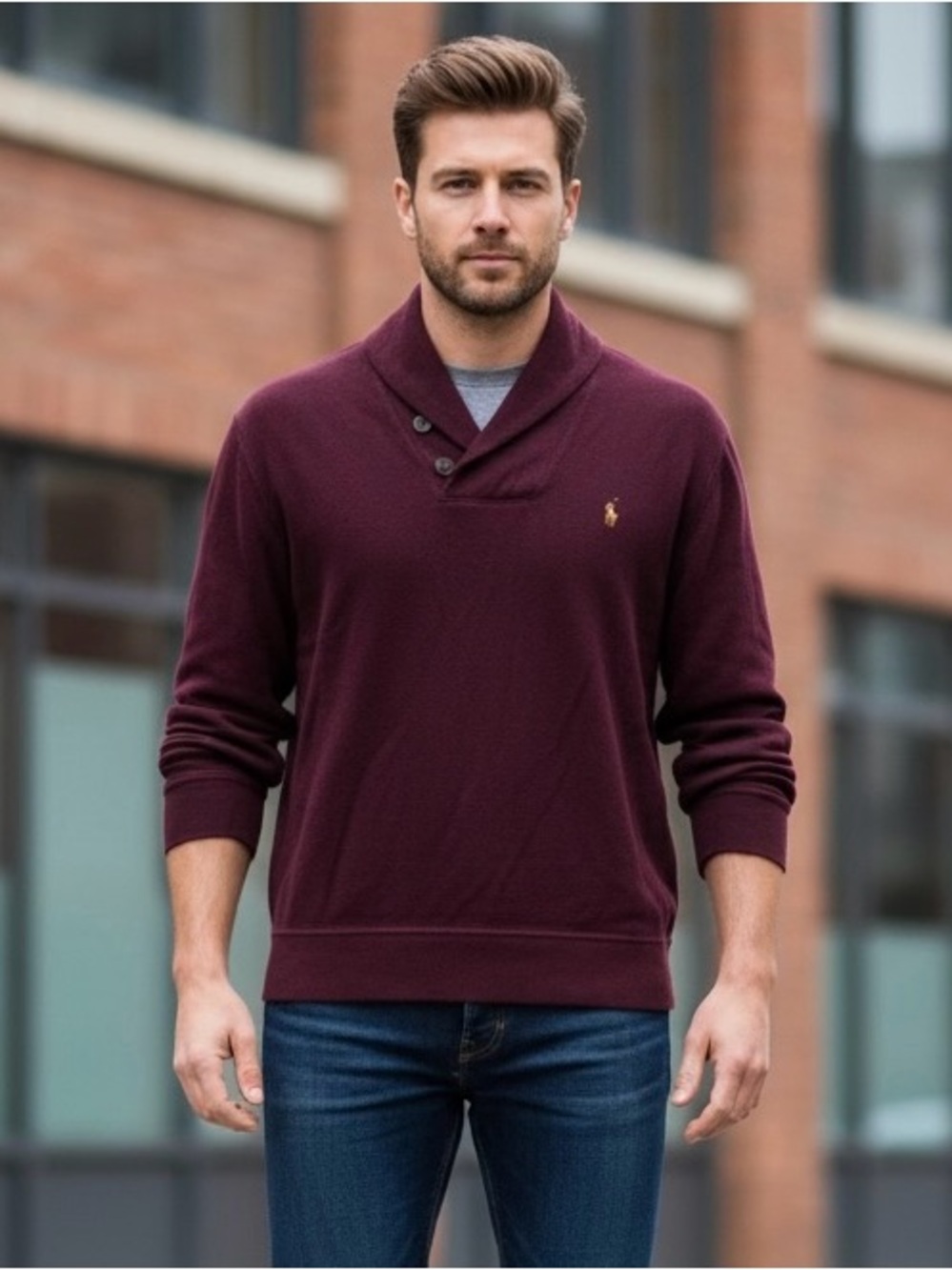 Ralph Lauren Men's Shawl-Collar Pullover Sweater - Burgundy with Gold Pony